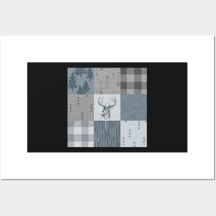 Deer Patchwork - Rustic Blue And grey Posters and Art